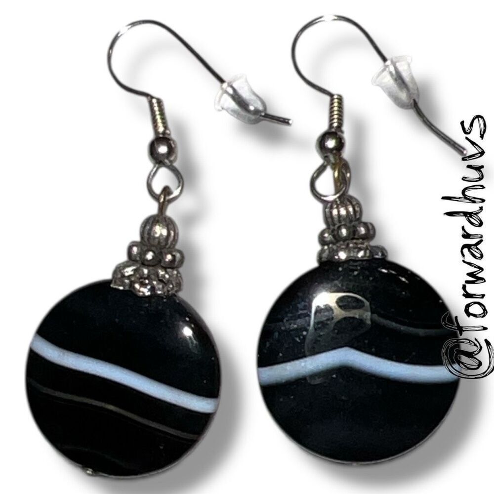 Black and White Stone Dangle Earrings – Silver Tone Accents – Artisan Design